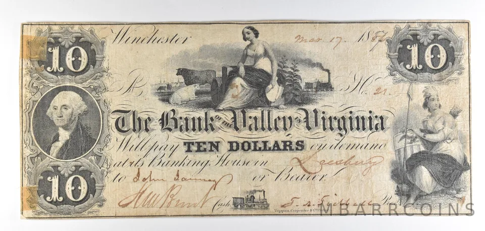 1856 $10 Winchester VA Bank Of The Valley Obsolete Note *8830