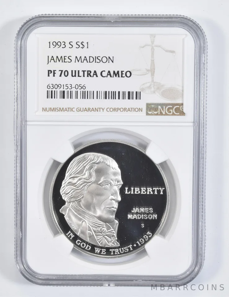 1993-S James Madison Commemorative Proof Silver Dollar PF70 UCAM NGC