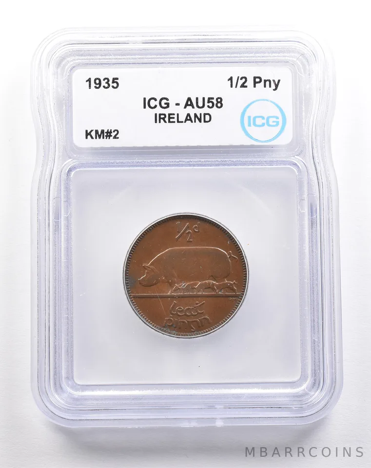 1935 Ireland 1/2 Penny KM#2 AU58 ICG *5530