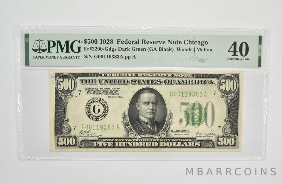 $500 1928 Chicago IL FR Note PMG 40 XF Fr# 2200-Gdgs (GA Block) Dark Green *0727