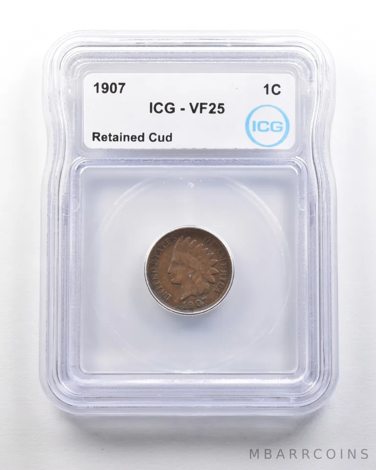 1907 Indian Head Cent Mint Error Retained Cud VF25 ICG *1623