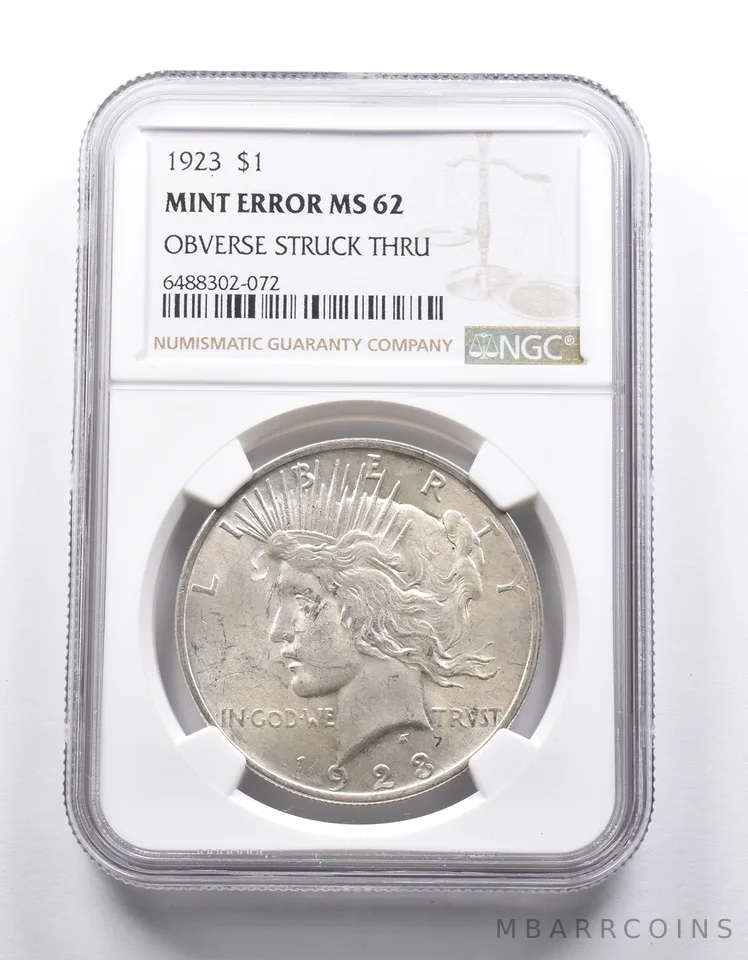 Mint Error MS62 1923 Peace Silver Dollar OBV Struck Thru NGC *2564