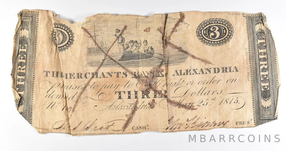 1815 $3 Alexandria VA Merchants Bank Obsolete Note *8372