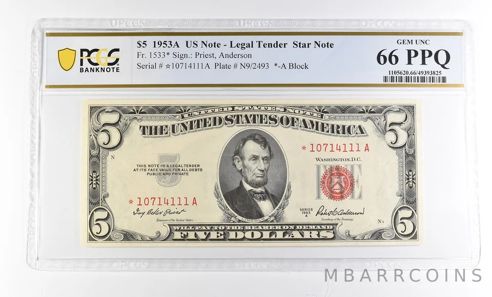 1953 A $5 Legal Tender Star Note Fr#1533* Gem Unc 66 PPQ PCGS a2947