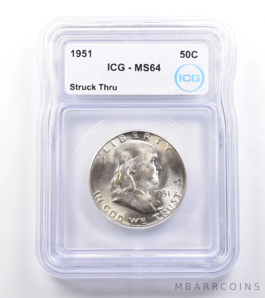 1951 Franklin Half Dollar Struck Thru MS64 ICG *4838