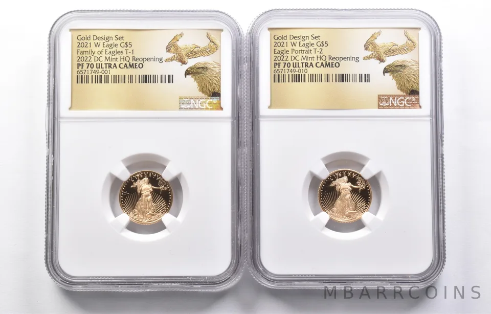 Lot (2) PF70 2021-W $5 American Gold Eagle T-1 & T-2 2022 DC Mint HQ NGC *4318