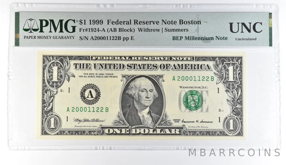 1999 $1 Boston MA FRN Fr#1924-A BEP Millennium Note PMG Fancy Serial *8100