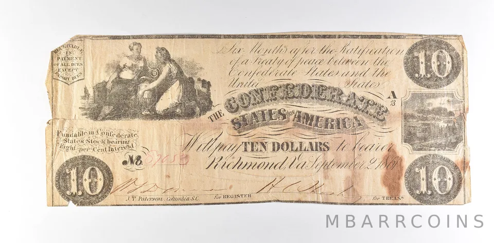 1861 $10 Confederate States Of America T-28 Large Note *8564