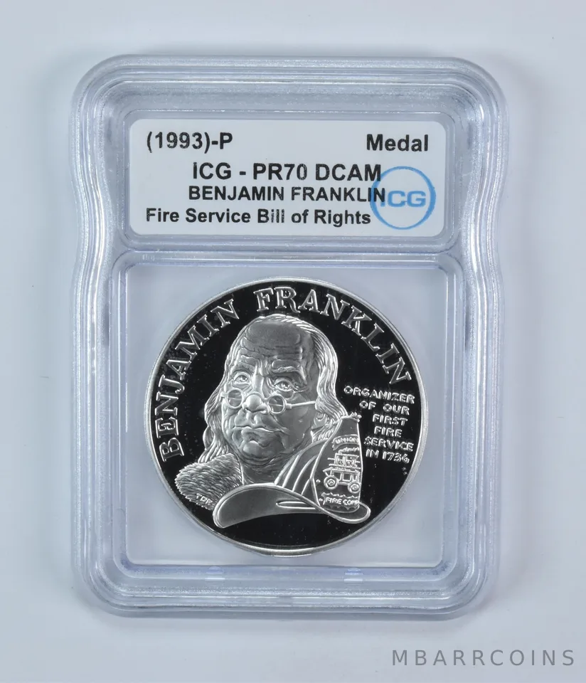 (1993)-P Benjamin Franklin Medal Fire Service Bill Of Rights PR70 DCAM ICG