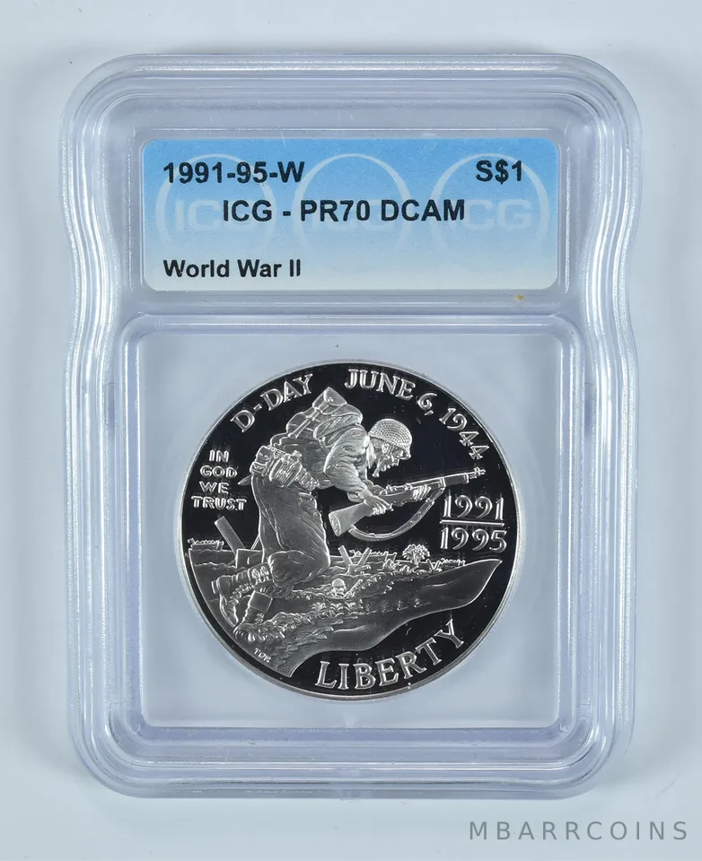 1991-95-W World War II Commemorative Silver Dollar PR70 DCAM ICG