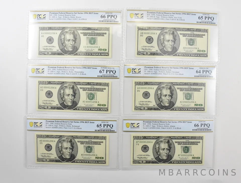 (12) 1996 $20 FRN Premium Series BEP Issue #2083/4 Gem Unc 63-67 PPQ PCGS *7543