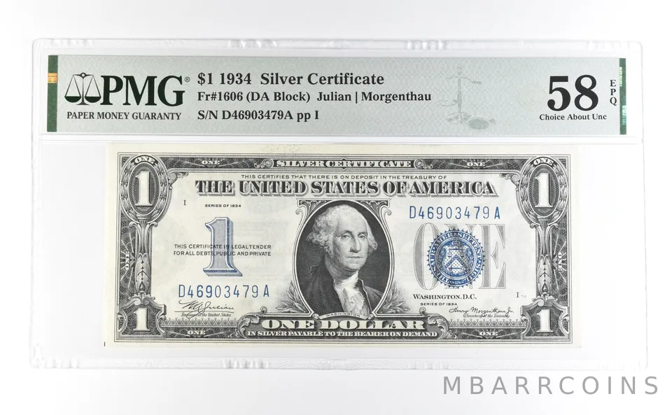 1934 $1 Silver Certificate Fr#1606 Choice About Unc 58 EPQ PMG a6993