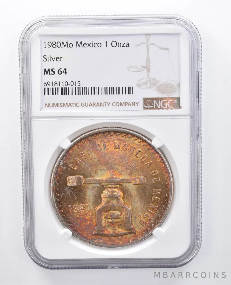 1980 Mo Mexico 1 Onza Silver MS64 NGC Rainbow Tone *7912