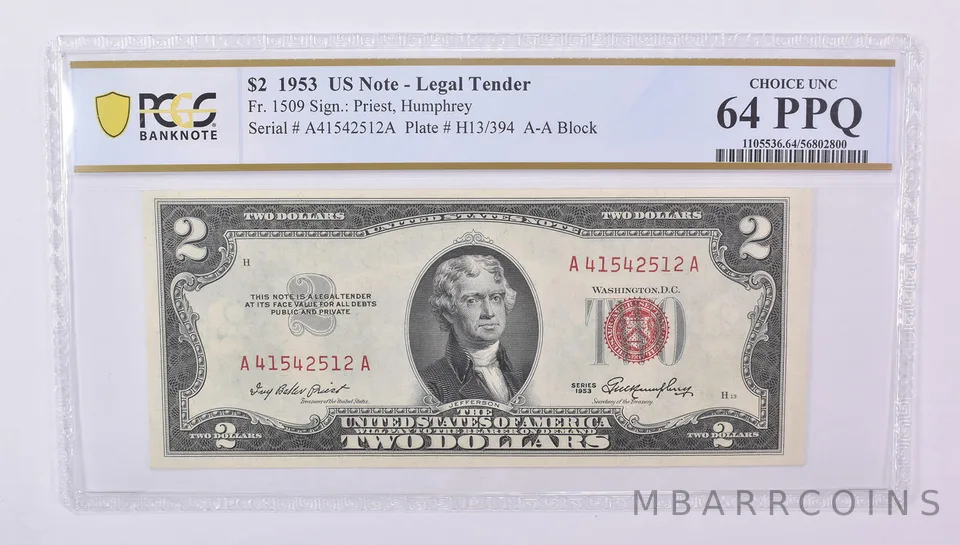 1953 $2 US Legal Tender Fr#1509 Choice Unc 64 PPQ PCGS