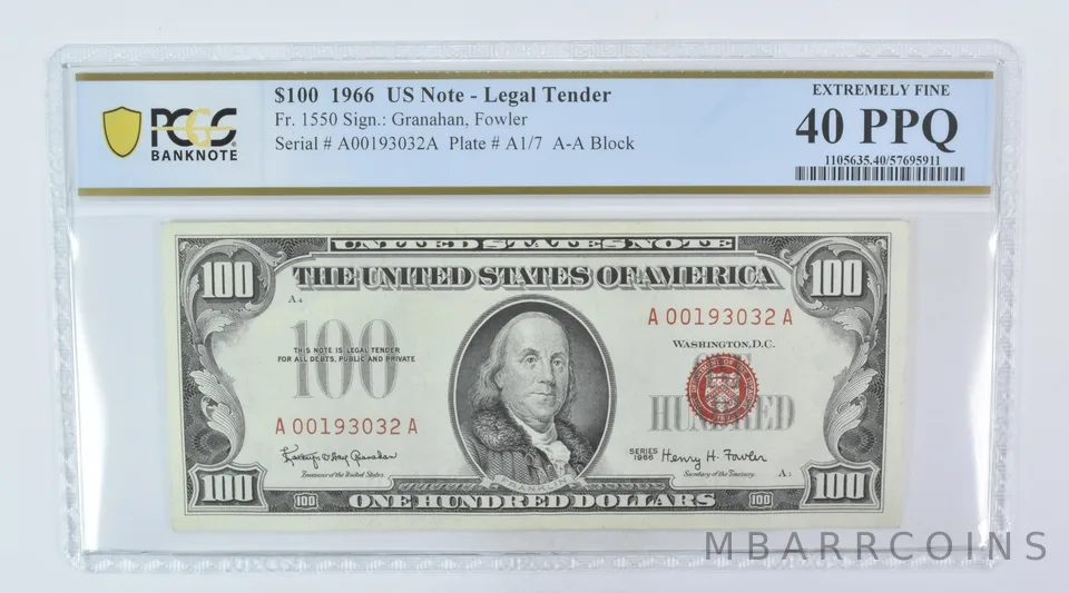 1966 $100 Legal Tender Fr#1550 Extremely Fine 40 PPQ PCGS a5969