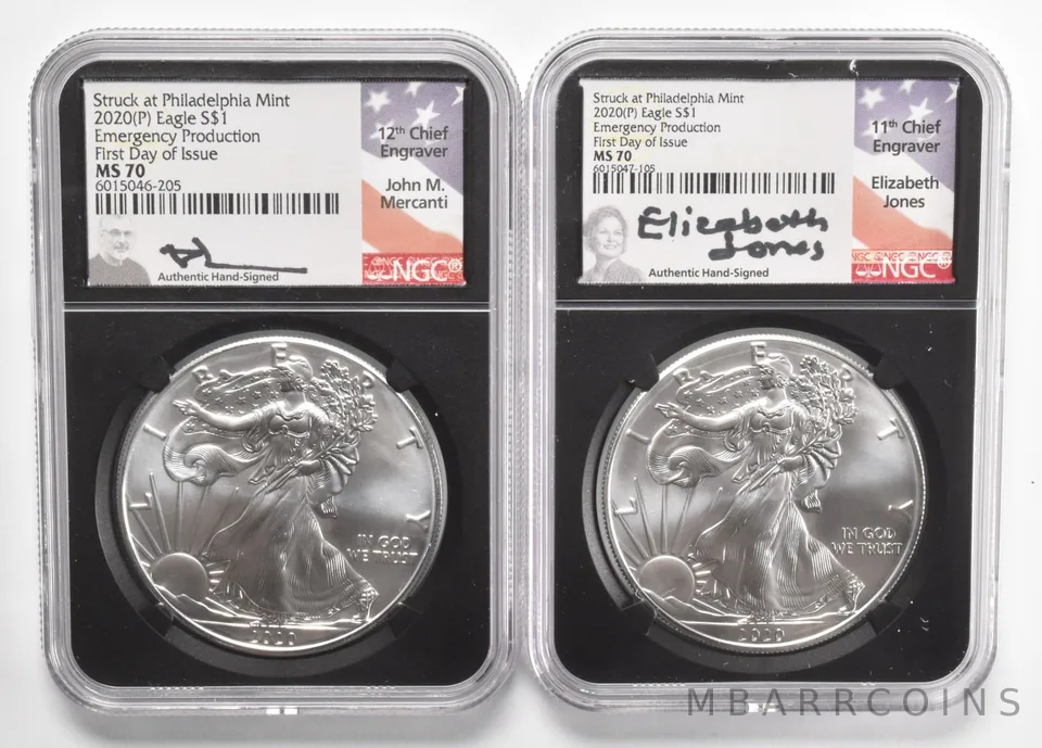(2) MS70 2020-(P) American Silver Eagle Emergency Prod Phila. Signed NGC *1120
