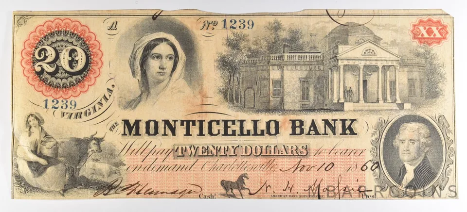 1860 $20 Bank Note Virginia Monticello Bank Large Note N *5578