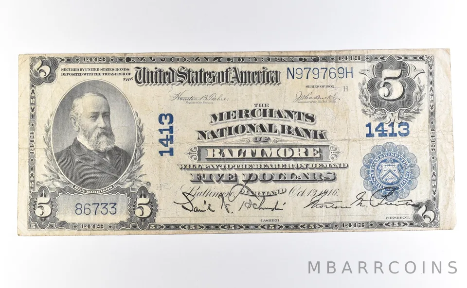 1902 $5 Baltimore MD Merchants National Bank National Currency Note 1413 a2728