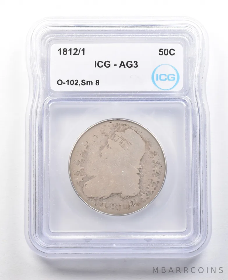 1812/1 Capped Bust Half Dollar O-102 Small 8 AG3 ICG *3073