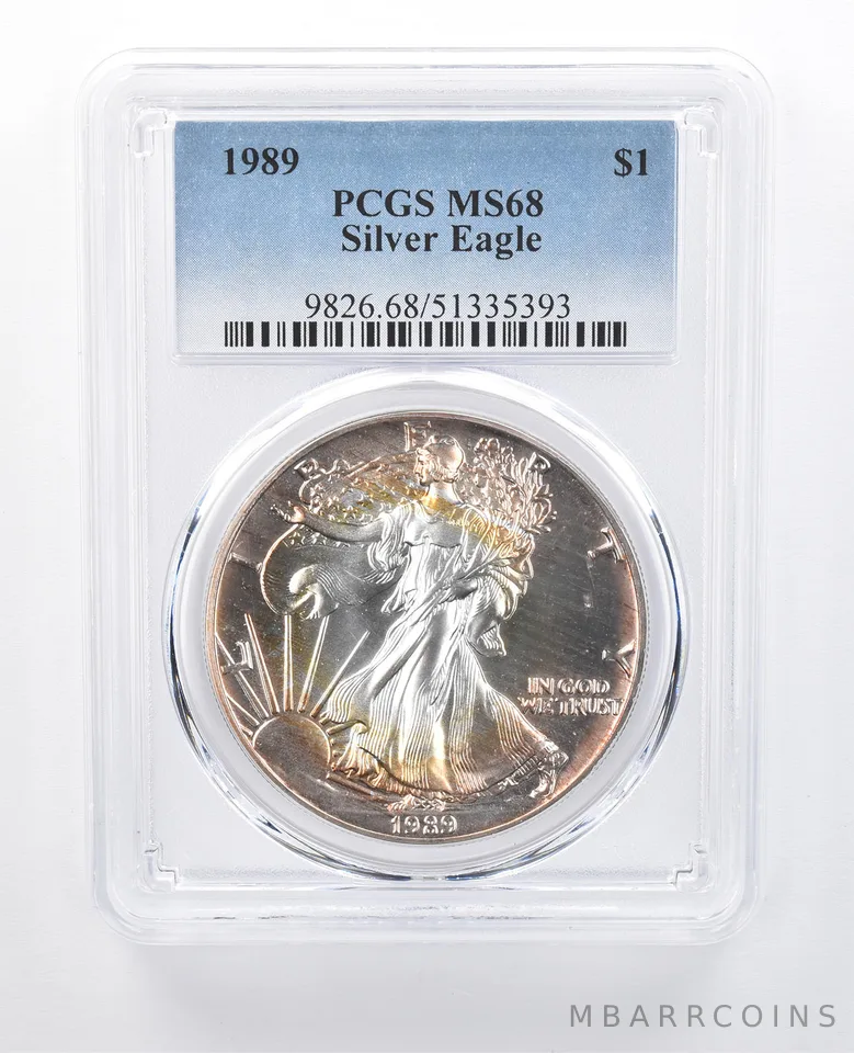 1989 American Silver Eagle MS68 PCGS Pink/Yellow Tone *8167