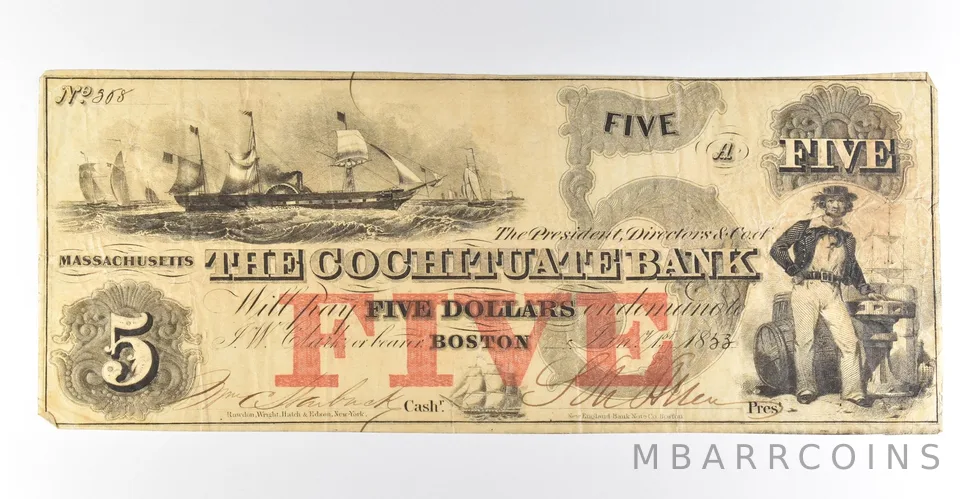 1853 $5 Boston MA Cochituate Bank Obsolete Note *8423