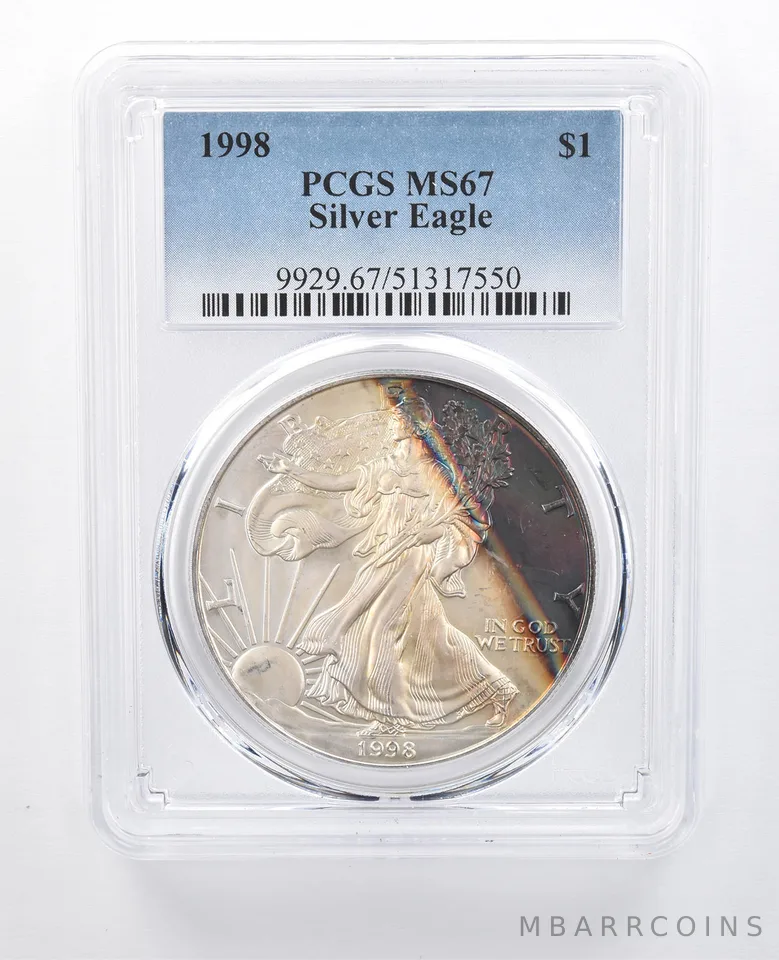 1998 American Silver Eagle MS67 PCGS Blue/Purple Peripheral Tone *8005