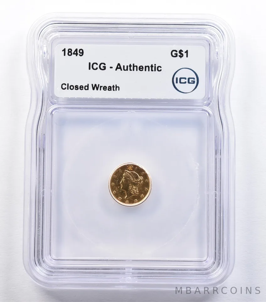1849 $1 Liberty Head Gold Dollar Closed Wreath Authentic ICG *2197