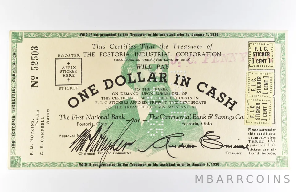 1936 $1 Fostoria OH Industrial Corporation Obsolete Note *8578
