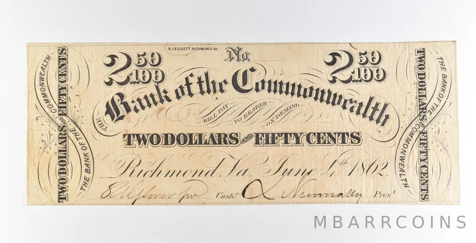 1862 $2.50 Richmond VA Bank Of The Commonwealth Obsolete Note *8924