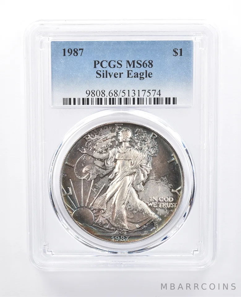 1987 American Silver Eagle MS68 PCGS Mottled Blue Tone *8164