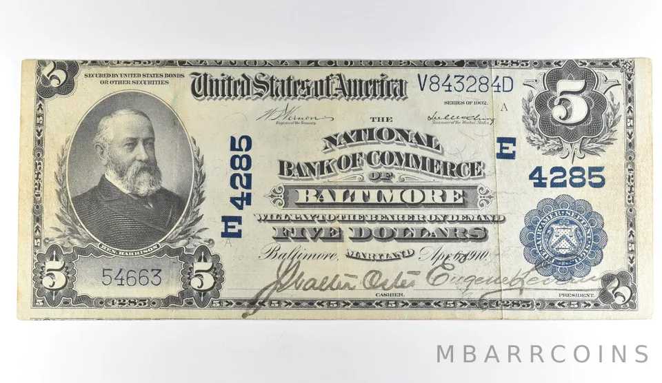 1902 $5 Baltimore MD National Currency Large Note Blue Seal 4285 *1678