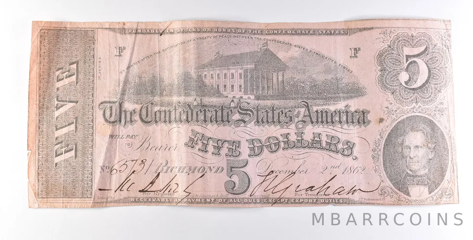 1862 $5 Confederate States Of America Note T53 *7262
