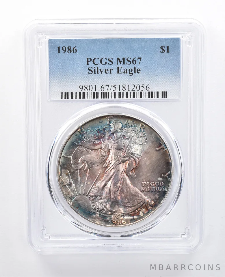 1986 American Silver Eagle MS67 PCGS Blue/Purple Tone *8174