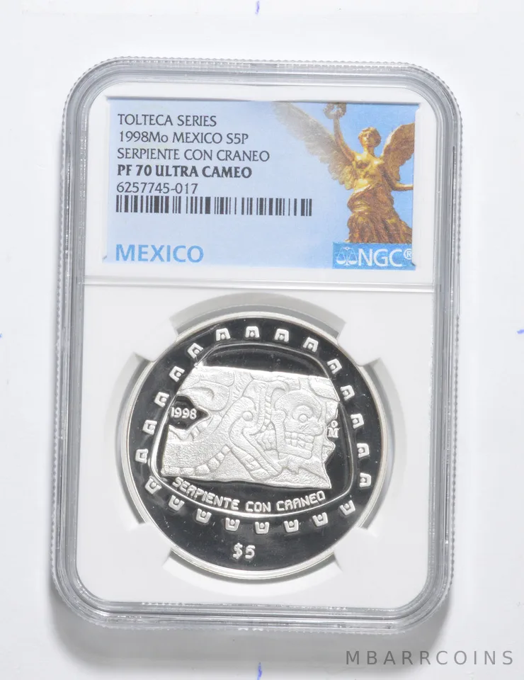 PF70 UCAM 1998 Mo Mexico Silver 5 Pesos Tolteca Serpiente Con Craneo NGC *3405