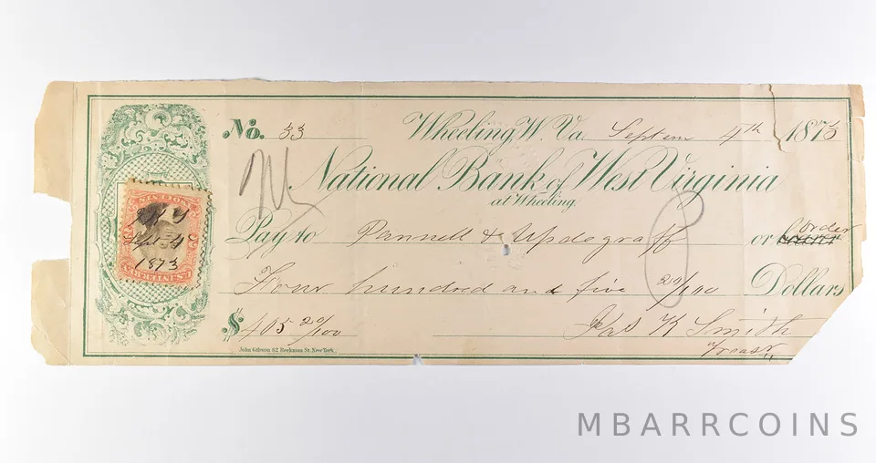 1873 $403.20 Wheeling, WV National Bank Of West Virginia Check a9080