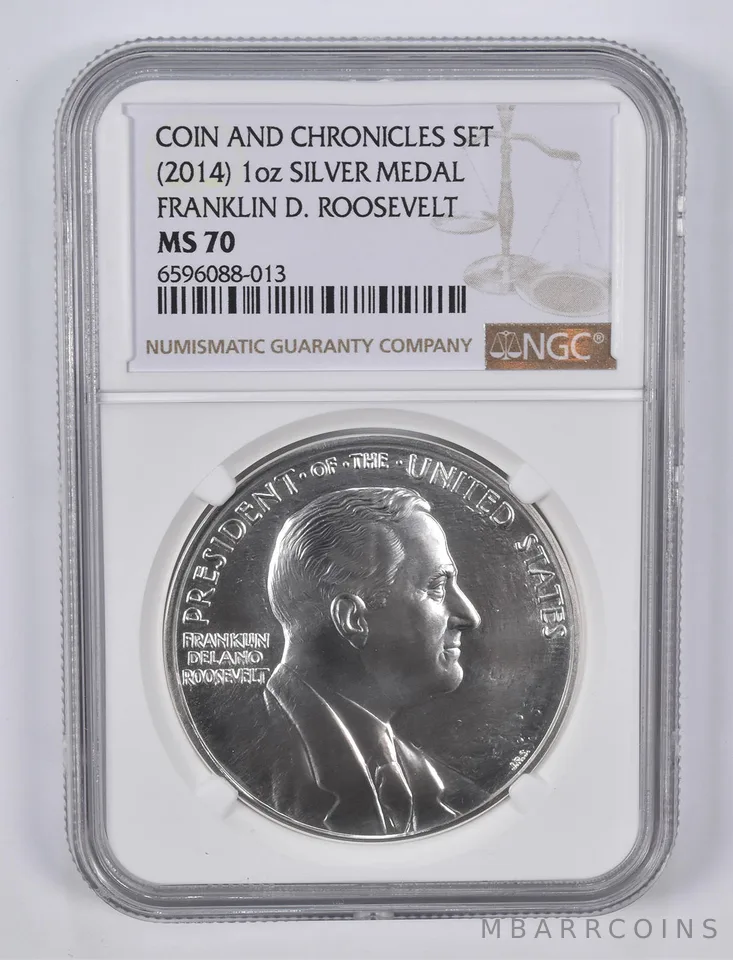 (2014) 1 oz Silver Medal Franklin D Roosevelt Coin and Chronicles MS70 NGC