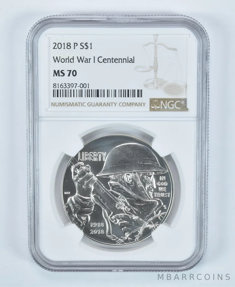 2018-P World War I Centennial Commemorative Silver $1 MS70 NGC Brown Label