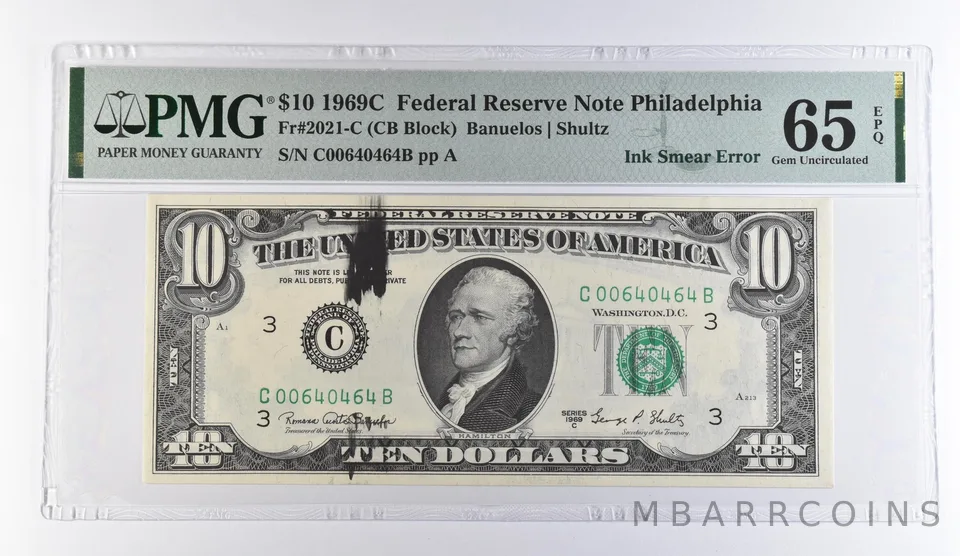 1969 C $10 Philadelphia Ink Smear Error FRN Fr#2021-C Gem Unc 65 EPQ PMG *9437