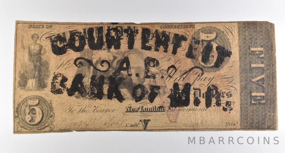 1800s $5 New London CT Bank Obsolete Note *3851