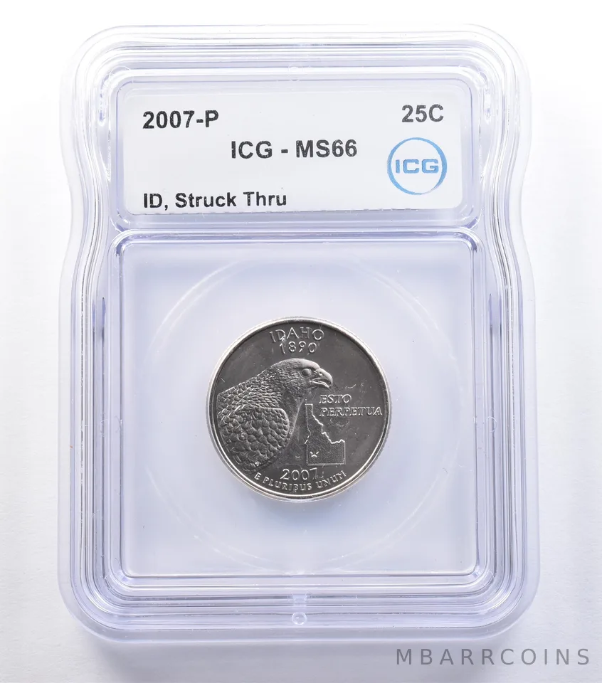 2007-P Washington State Quarter Idaho Mint Error Struck Thru MS66 ICG *9590
