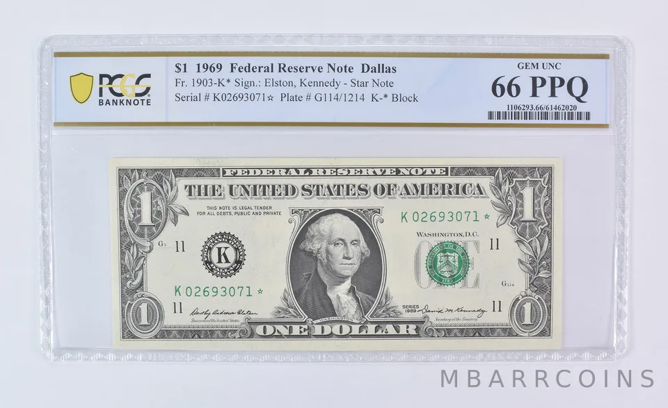 1969 $1 Dallas TX FRN Star Note Fr#1903-K* Gem Unc 66 PPQ PCGS