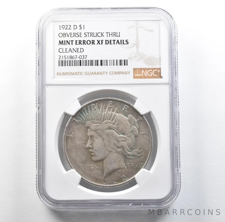 1922-D Peace Silver Dollar Mint Error Obverse Struck Thru XF Details NGC *3144