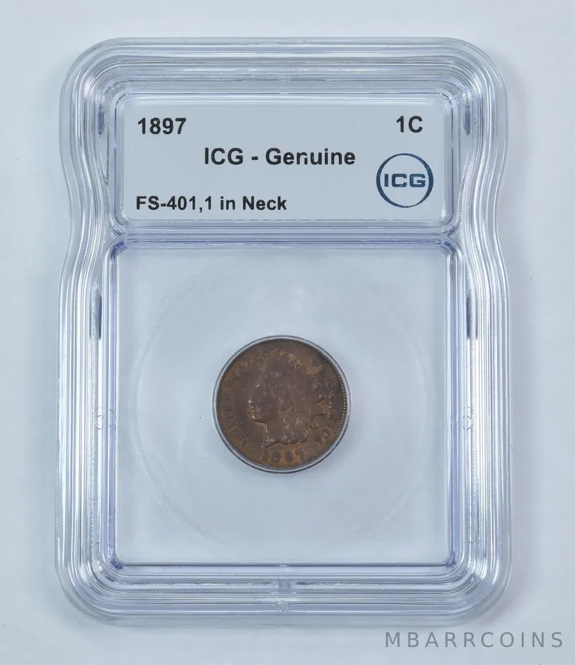 Error 1897 Indian Head Cent FS-401 1 In Neck Genuine ICG *9257