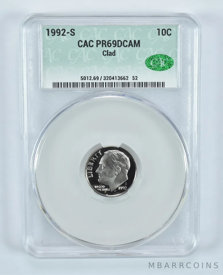 1992-S Roosevelt Dime CLAD PR69 DCAM CAC CACg