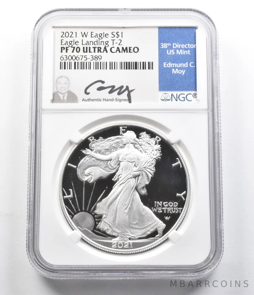 PF70 UCam 2021-W American Silver Eagle Landing T-2 Moy Signed NGC a5841