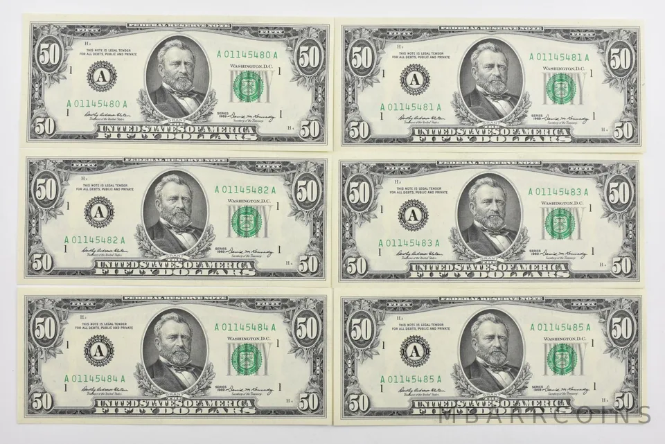 Lot (6) 1969 $50 Boston, MA US FRN Consecutive Notes 2114-A Fr *1917