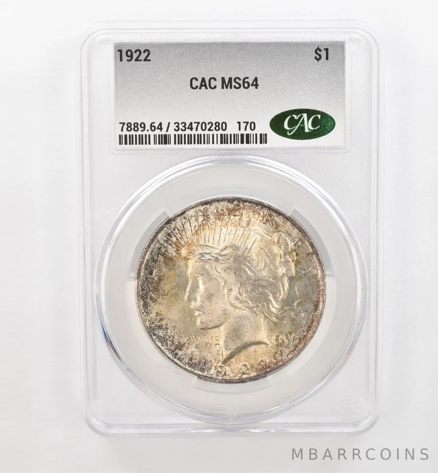 1922 Peace Silver Dollar MS64 CAC CACg Beautiful Tone a0495