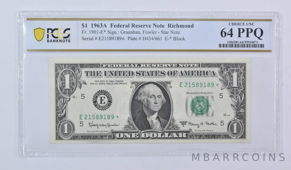 1963 A $1 Richmond VA FRN Star Note Fr#1901-E* Choice Unc 64 PPQ PCGS