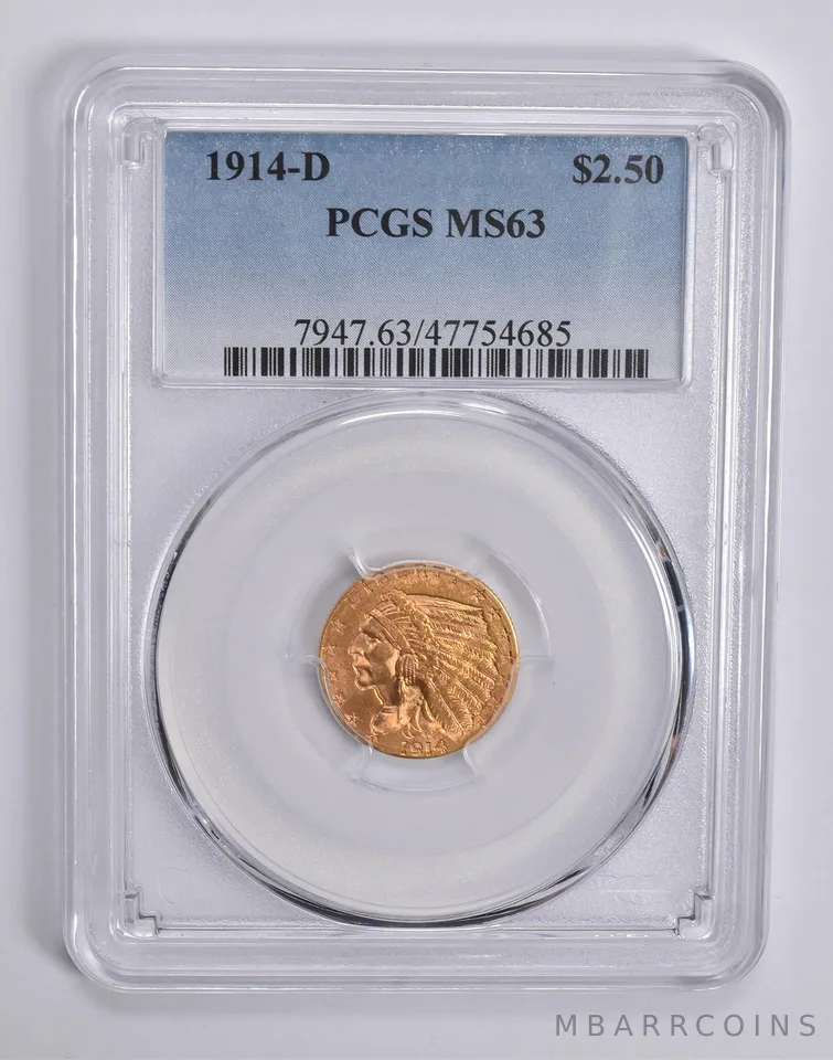 MS63 1914-D $2.50 Indian Head Gold Quarter Eagle PCGS a0418