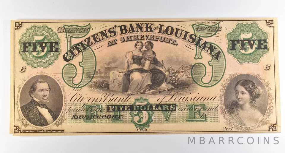 1857 $5 Shreveport LA Citizens' Bank Obsolete Note *3828